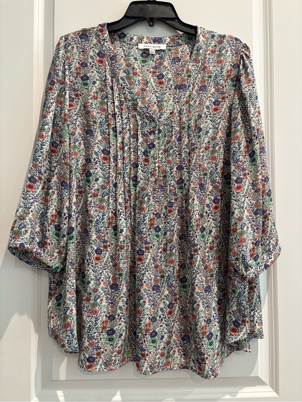 Rose + Olive Floral Peasant Blouse 1X Boho Cottagecore V-Neck Plus Size Top